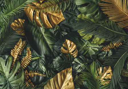 Monstera bladeren behang Groen goud