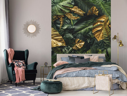 Monstera bladeren behang Groen goud