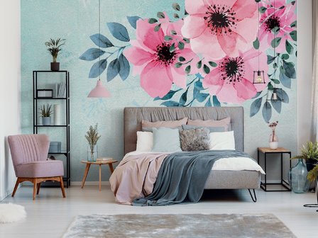 Aquarel Roze bloemen behang