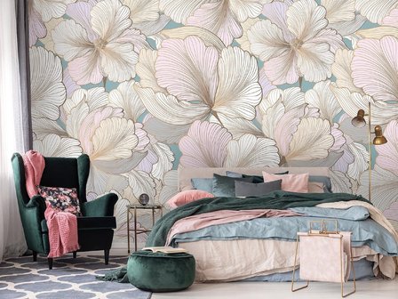 Grote pastel bloemen fotobehang slaapkamer