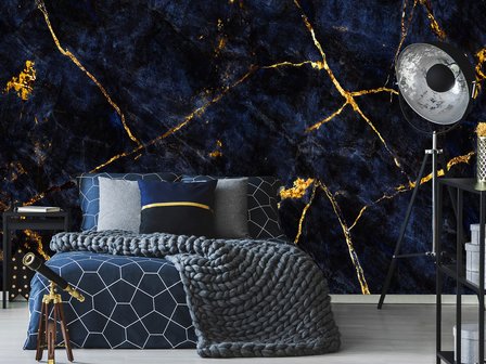 Marmer fotobehang blauw met goud slaapkamer
