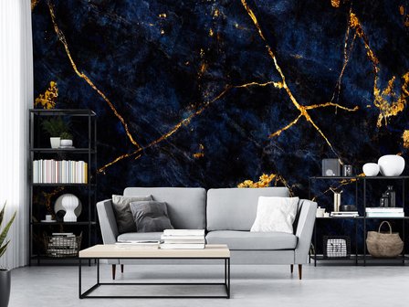 Marmer fotobehang blauw met goud woonkamer