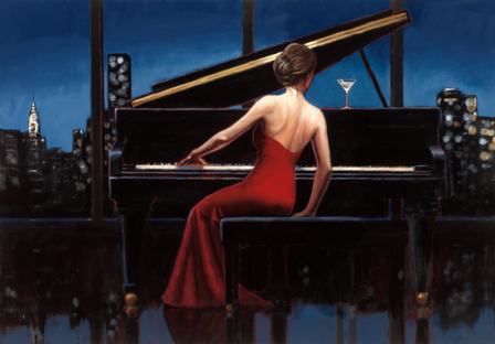 Vrouw aan piano fotobehang
