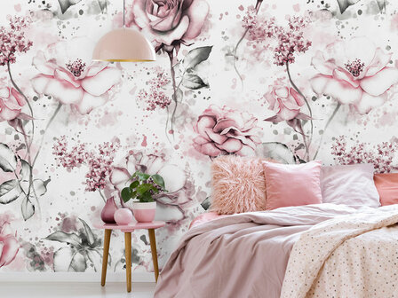 Getekende rozen fotobehang Roze