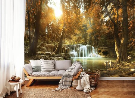 Waterval herfstbos fotobehang