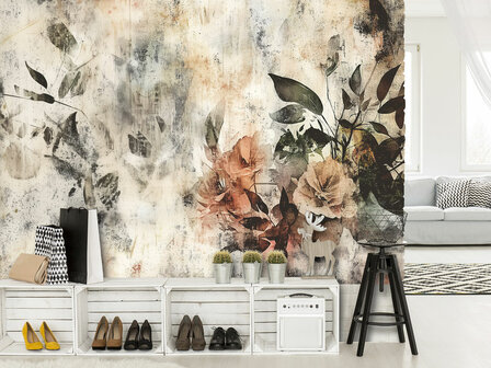 Vintage bloemen op beton fotobehang II