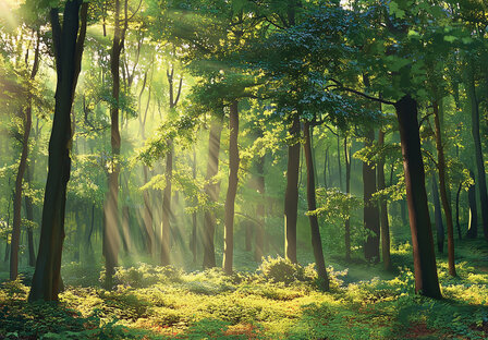 Groen Bos met zonnestralen fotobehang AI