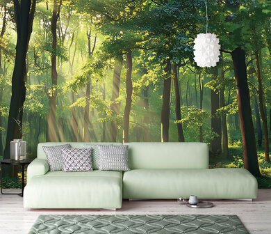 Groen Bos met zonnestralen fotobehang AI