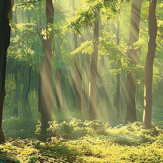 Groen Bos met zonnestralen fotobehang AI