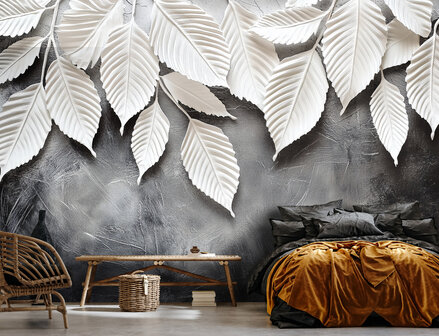 3D witte bladeren fotobehang Donkere muur