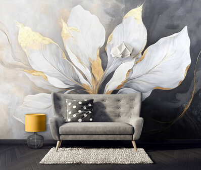 Bladeren fotobehang Goud Zwart Wit
