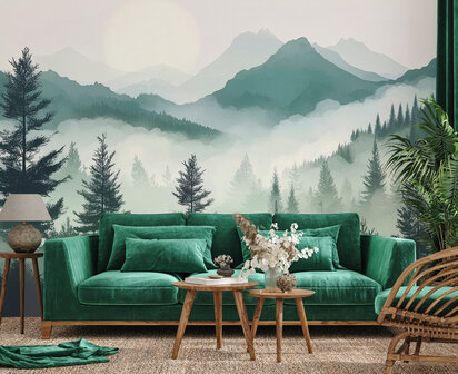 Bos fotobehang Misty Pine Forest