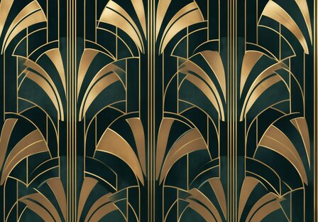 Art Deco vliesbehang met goud en donkergroen geometrisch patroon &ndash; luxe wanddecoratie van Fotobehang4you