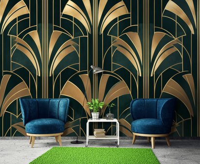 Art Deco Behang Goud op Donkergroen 