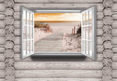 Houten raam strand fotobehang