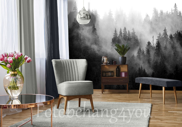 Misty Forest fotobehang zwart wit