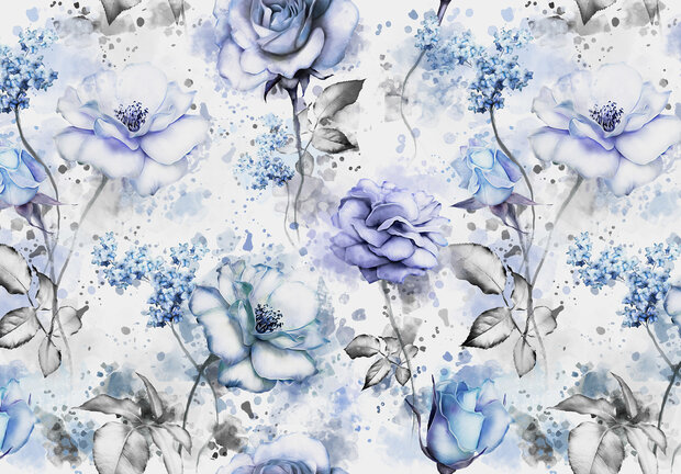 Getekende rozen fotobehang Blauw