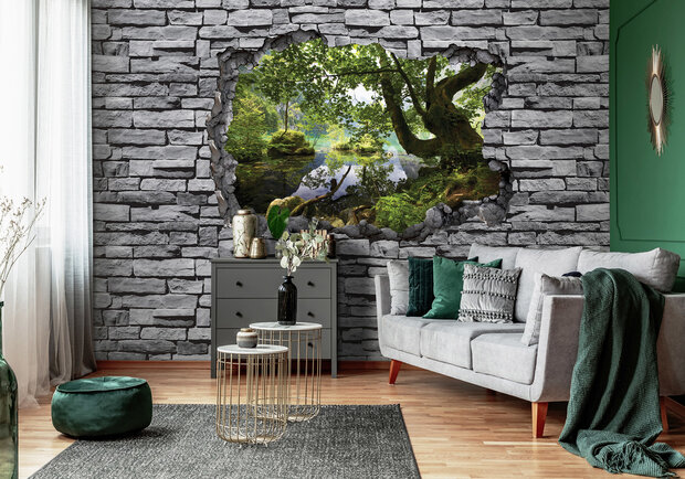 Bereiken Pool Ontwijken Stenen muur fotobehang 3D met Boszicht - Fotobehang4you