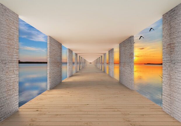 Tunnel behang met uitzicht op zee