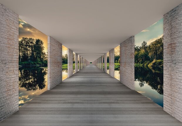 Tunnel behang met uitzicht op meer