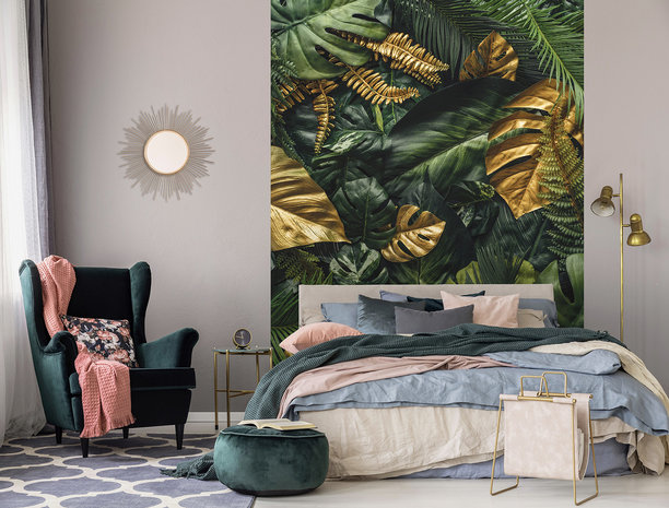 Monstera bladeren behang Groen goud