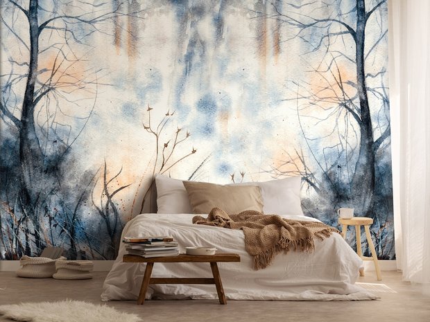 Bot Inwoner lancering Aquarel behang Pastel Forest Blue| Fotobehang4you - Fotobehang4you