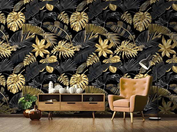 Botanisch behang | Bladeren Zwart en Goud Fotobehang4you
