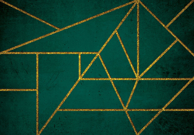 Geometrisch behang groen Gouden lijnen