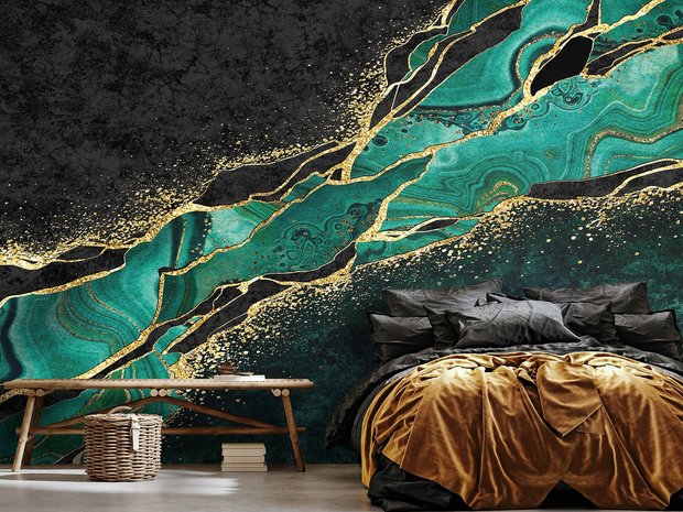 Marmer fotobehang groen met goud slaapkamer