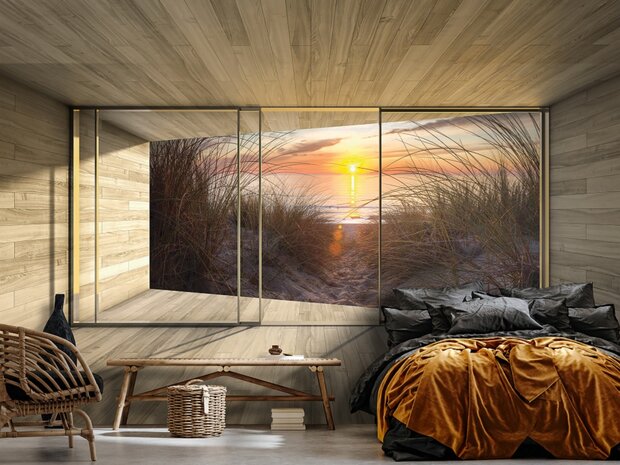 3D fotobehang Strand en Zonsondergang