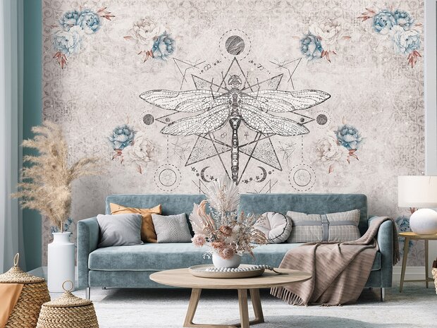 Libelle behang Vintage stijl - blauw