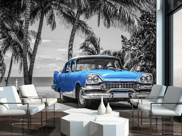 Palmbomen en Oldtimer fotobehang blauw