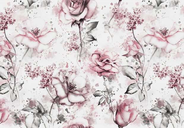 Getekende rozen fotobehang Roze
