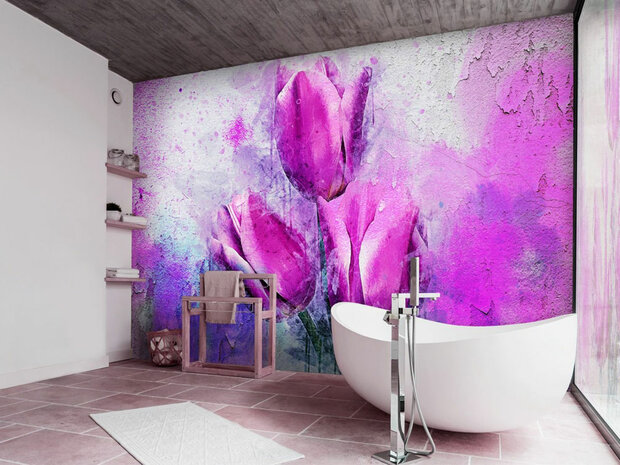 Tulpen behang op oude muur