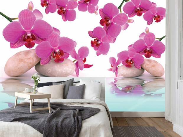 Orchideeën met witte stenen fotobehang