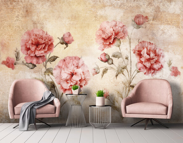 Vintage bloemen behang Roze Rozen