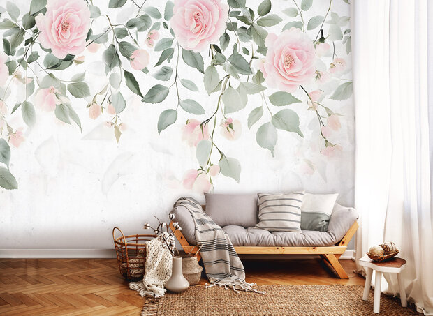 Hangende roze Rozen fotobehang 