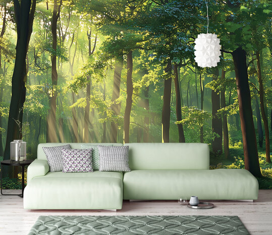 Groen Bos met zonnestralen fotobehang AI