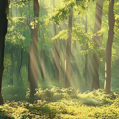 Groen Bos met zonnestralen fotobehang AI