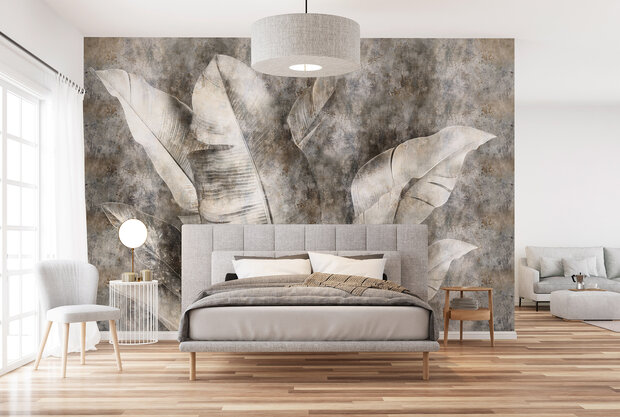 Grote bananenbladeren fotobehang Beige Grijs
