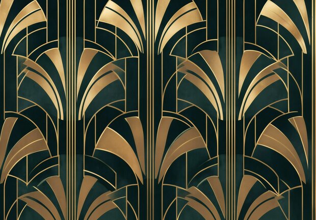 Art Deco vliesbehang met goud en donkergroen geometrisch patroon – luxe wanddecoratie van Fotobehang4you