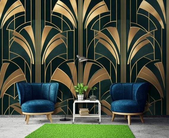 Art Deco Behang Goud op Donkergroen 