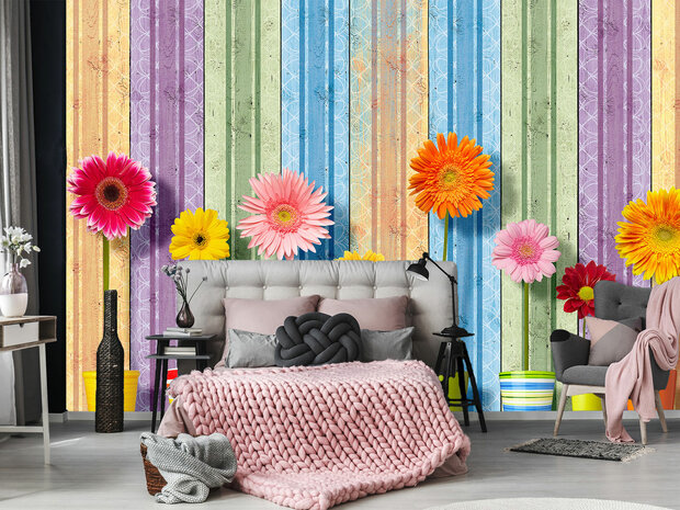 Hout fotobehang Gerbera - verticale planken