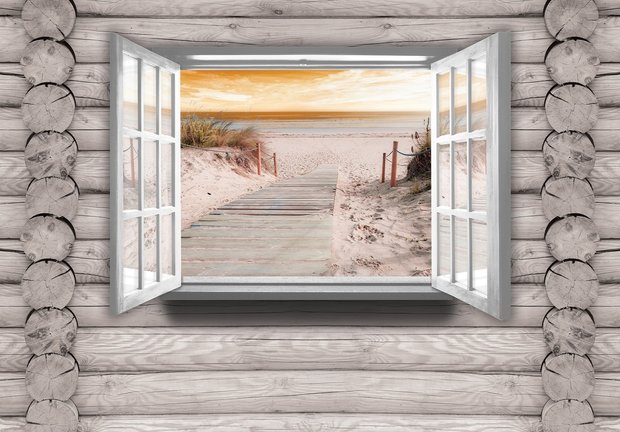 Houten raam strand fotobehang