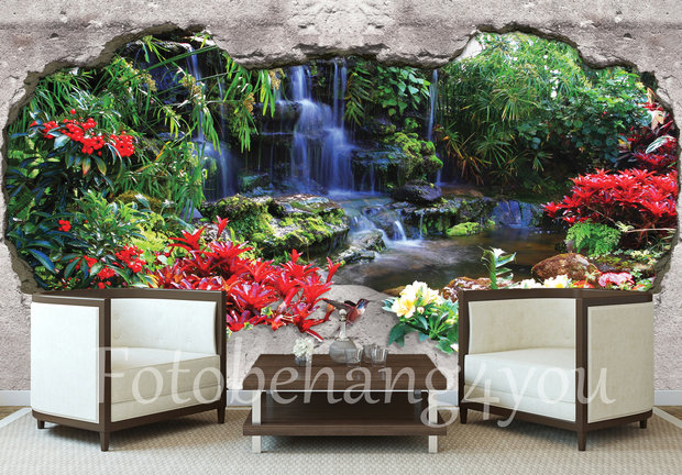 Hoogland Expliciet fiets Waterval fotobehang 3D muur - Fotobehang4you