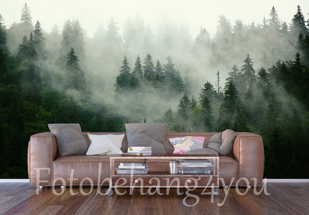 Bos behang met mist