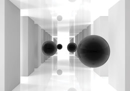 Witte tunnel met zwarte bollen 3D behang