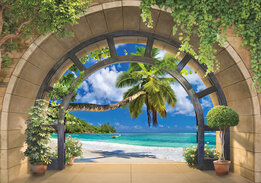 3D behang Doorkijk Strand en palmboom