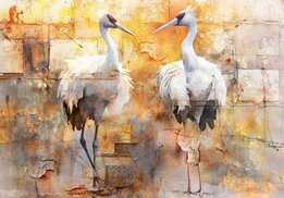 Kraanvogels op oude muur behang