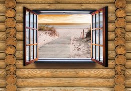 Houten raam strand fotobehang 2